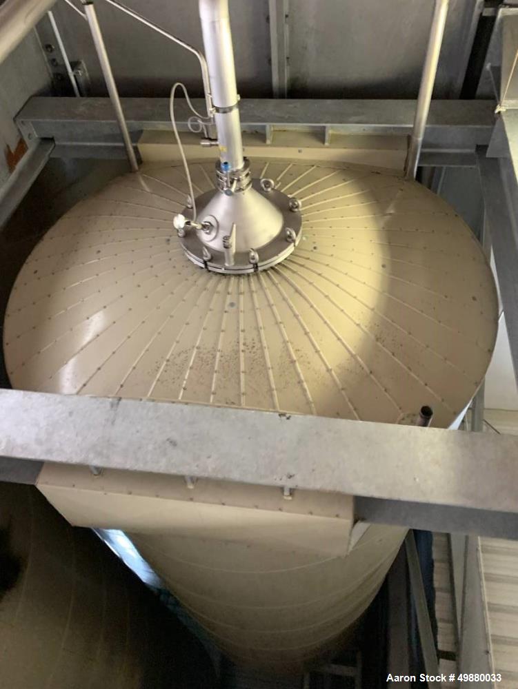 Holvrieka vertical tank, Total capacity 33597 gallon/127000 liter, working capacity 33333 gallon/126000 liter. 304 stainless steel on product contact parts. Jacketed rated for 30 PSI (2 bar) 124" dia...