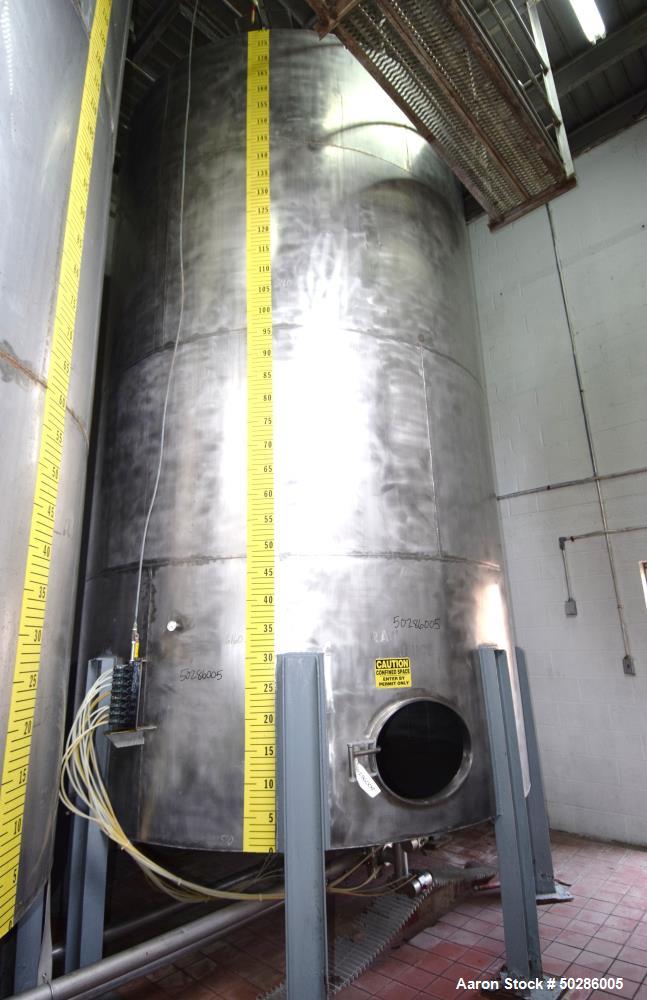 Used Tank, 8,000 Gallon, Stainless Steel, Vertical. Approximate 112" diameter x 180" straight side, coned top & bottom. (1) Spray nozzle. Openings top (3) 2", 18" man way with cover. Approximate 16" ...