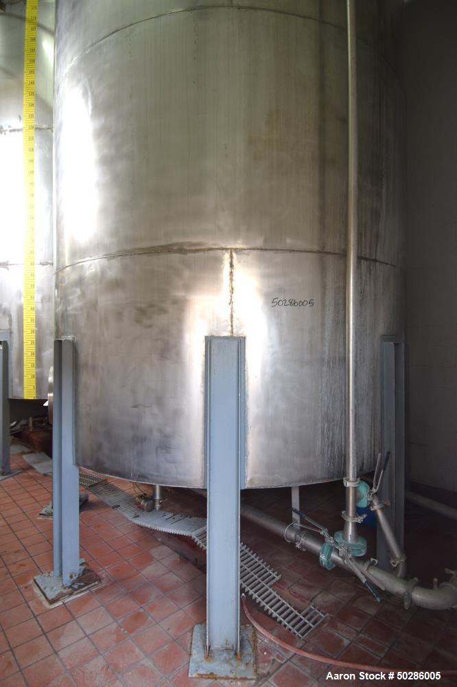 Used Tank, 8,000 Gallon, Stainless Steel, Vertical. Approximate 112" diameter x 180" straight side, coned top & bottom. (1) Spray nozzle. Openings top (3) 2", 18" man way with cover. Approximate 16" ...