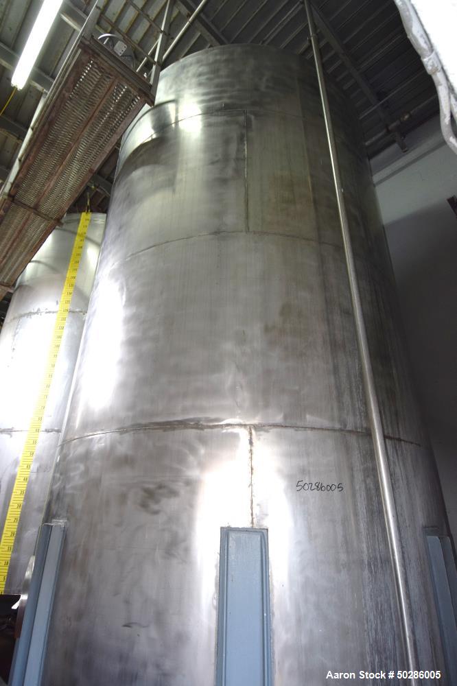 Used Tank, 8,000 Gallon, Stainless Steel, Vertical. Approximate 112" diameter x 180" straight side, coned top & bottom. (1) Spray nozzle. Openings top (3) 2", 18" man way with cover. Approximate 16" ...