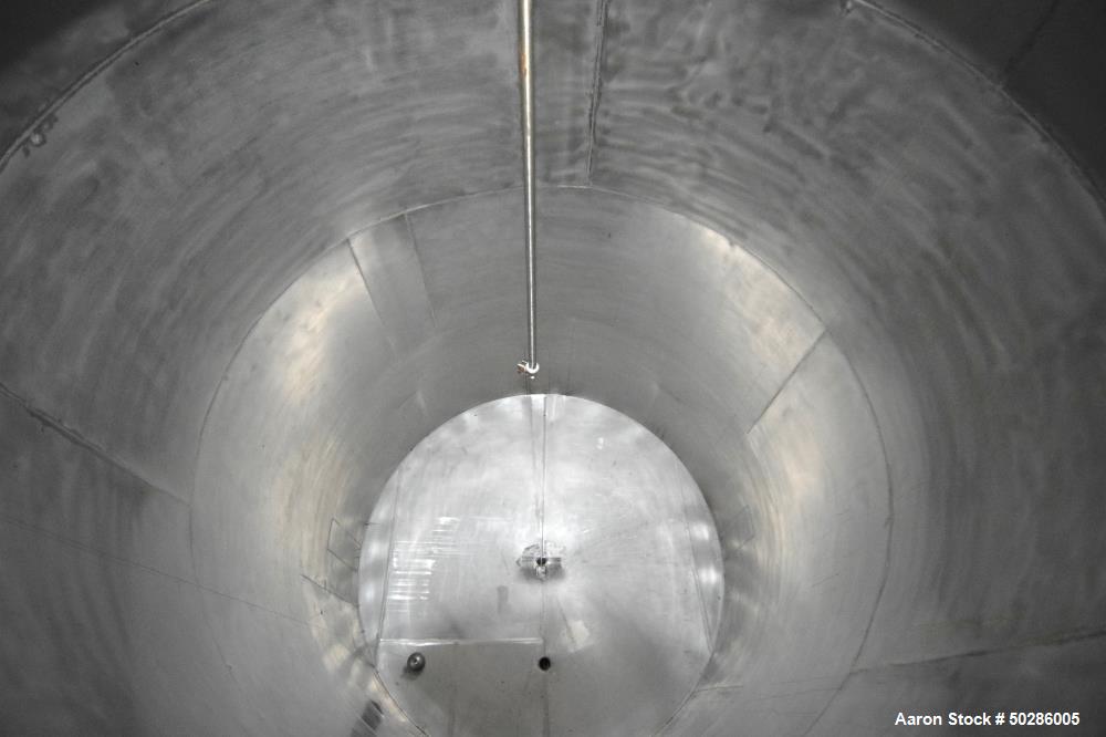 Used Tank, 8,000 Gallon, Stainless Steel, Vertical. Approximate 112" diameter x 180" straight side, coned top & bottom. (1) Spray nozzle. Openings top (3) 2", 18" man way with cover. Approximate 16" ...