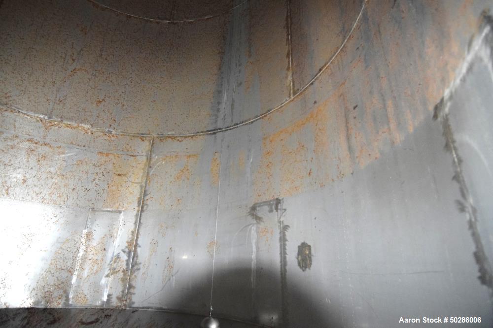 Used Tank, 8,000 Gallon, Stainless Steel, Vertical. Approximate 112" diameter x 180" straight side, flat top, coned bottom. (1) Spray nozzle. Openings top (3) 2", 18" man way with cover. Approximate ...