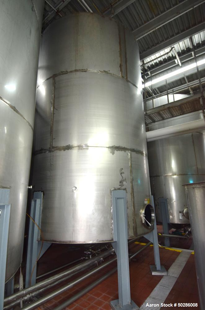 Used- Tank, 8,000 Gallon, Stainless Steel, Vertical. Approximate 112" diameter x 180" straight side, flat top, coned bottom....