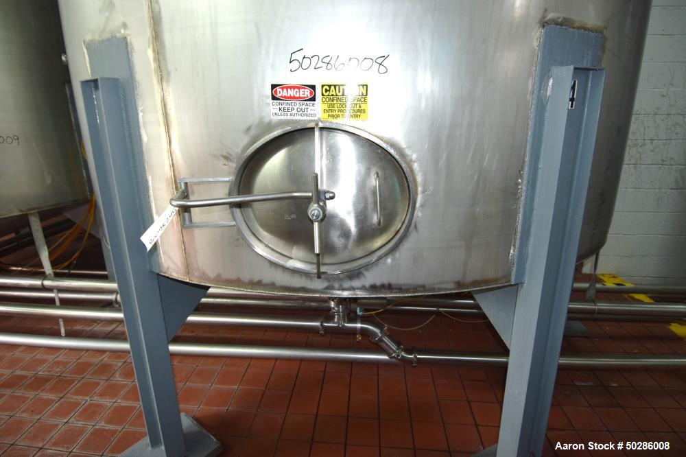 Used Tank, 8,000 Gallon, Stainless Steel, Vertical. Approximate 112" diameter x 180" straight side, flat top, coned bottom. (1) Spray nozzle. Openings top (3) 2", 4", 24" man way with cover. Approxim...
