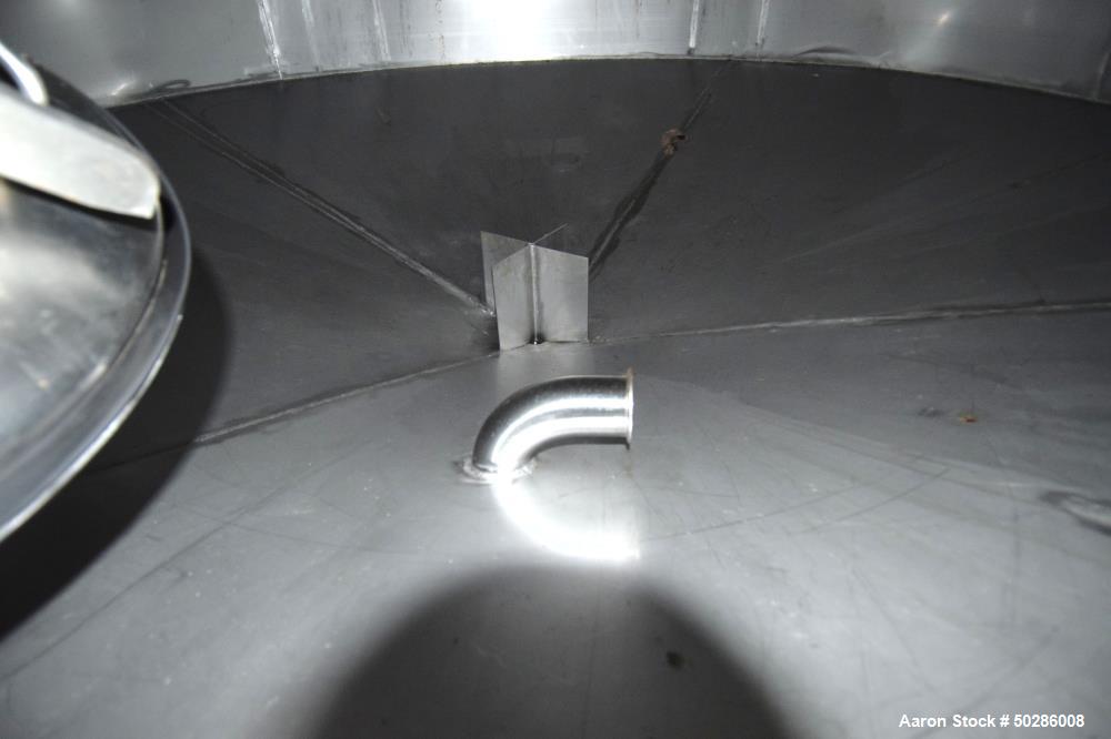 Used Tank, 8,000 Gallon, Stainless Steel, Vertical. Approximate 112" diameter x 180" straight side, flat top, coned bottom. (1) Spray nozzle. Openings top (3) 2", 4", 24" man way with cover. Approxim...