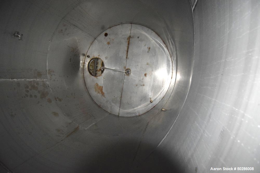 Used Tank, 8,000 Gallon, Stainless Steel, Vertical. Approximate 112" diameter x 180" straight side, flat top, coned bottom. (1) Spray nozzle. Openings top (3) 2", 4", 24" man way with cover. Approxim...