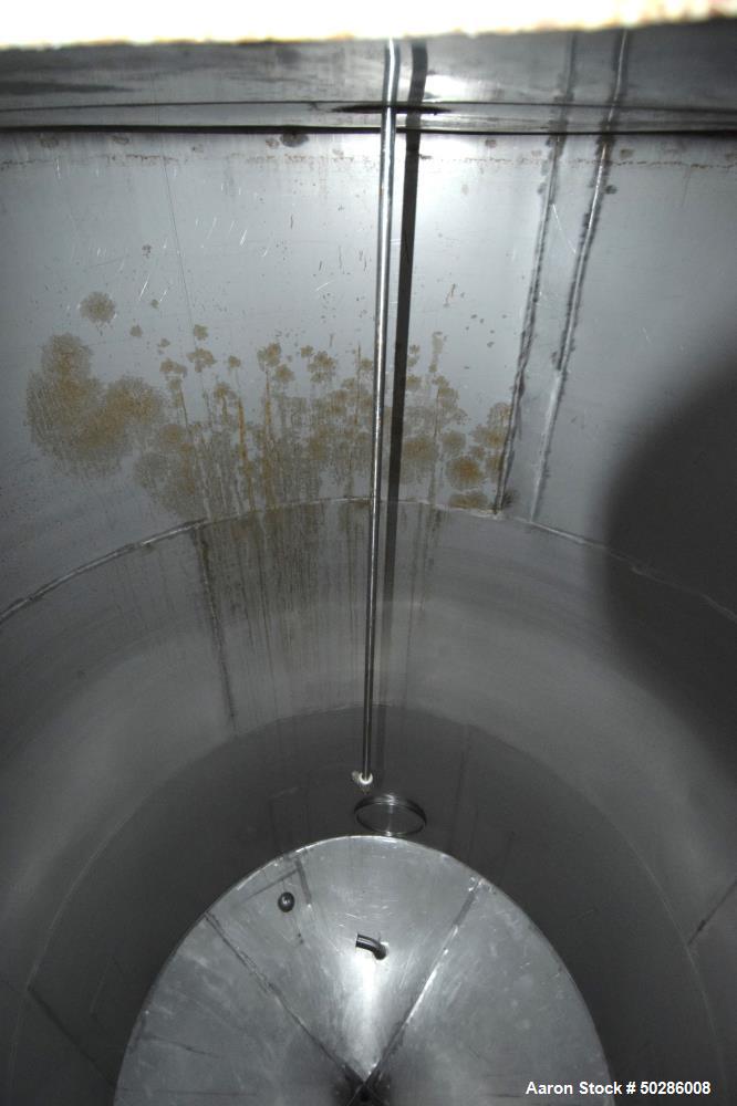 Used Tank, 8,000 Gallon, Stainless Steel, Vertical. Approximate 112" diameter x 180" straight side, flat top, coned bottom. (1) Spray nozzle. Openings top (3) 2", 4", 24" man way with cover. Approxim...