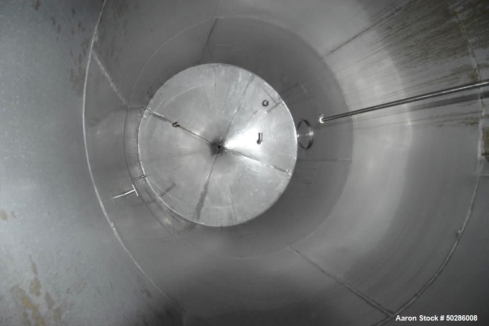 Used Tank, 8,000 Gallon, Stainless Steel, Vertical. Approximate 112" diameter x 180" straight side, flat top, coned bottom. (1) Spray nozzle. Openings top (3) 2", 4", 24" man way with cover. Approxim...
