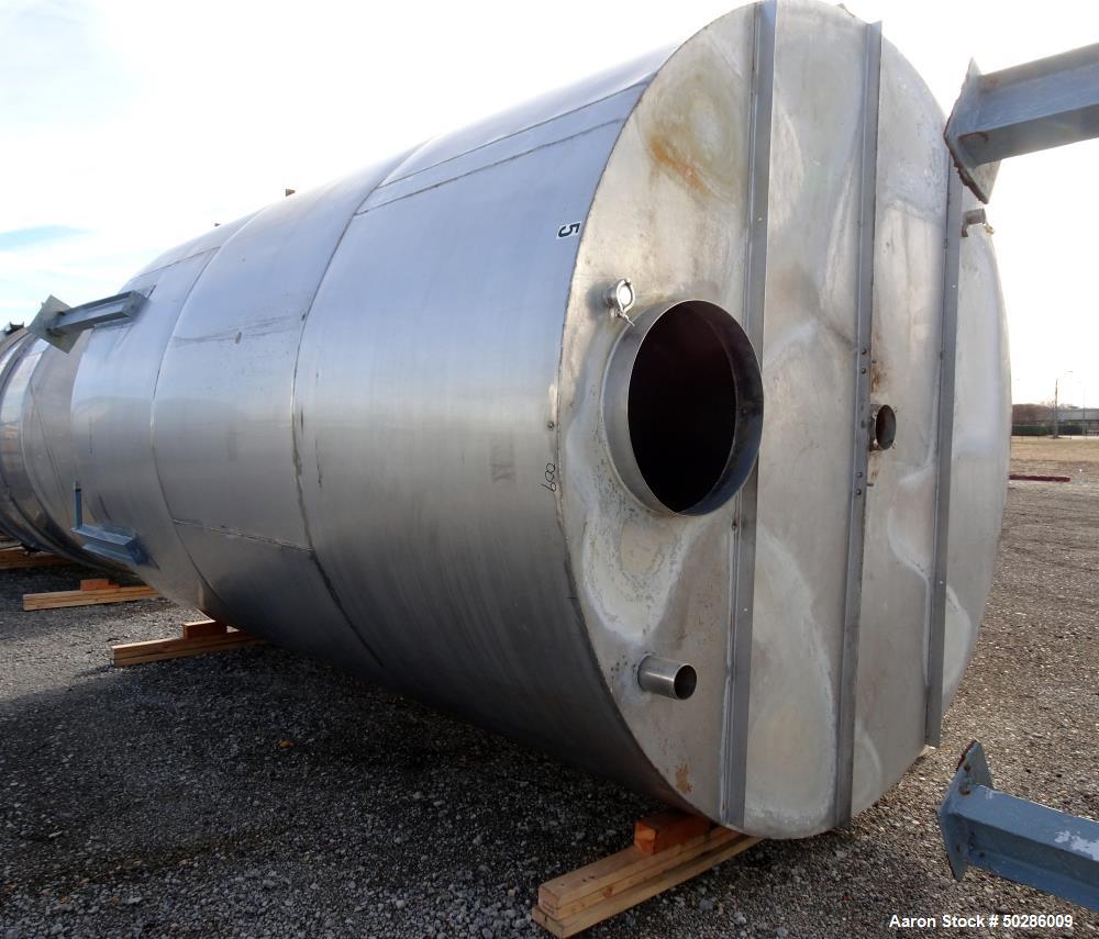 Used- Tank, 8,000 Gallon, 304 Stainless Steel, Vertical. Approximate 112" diameter x 180" straight side, flat top, coned bot...
