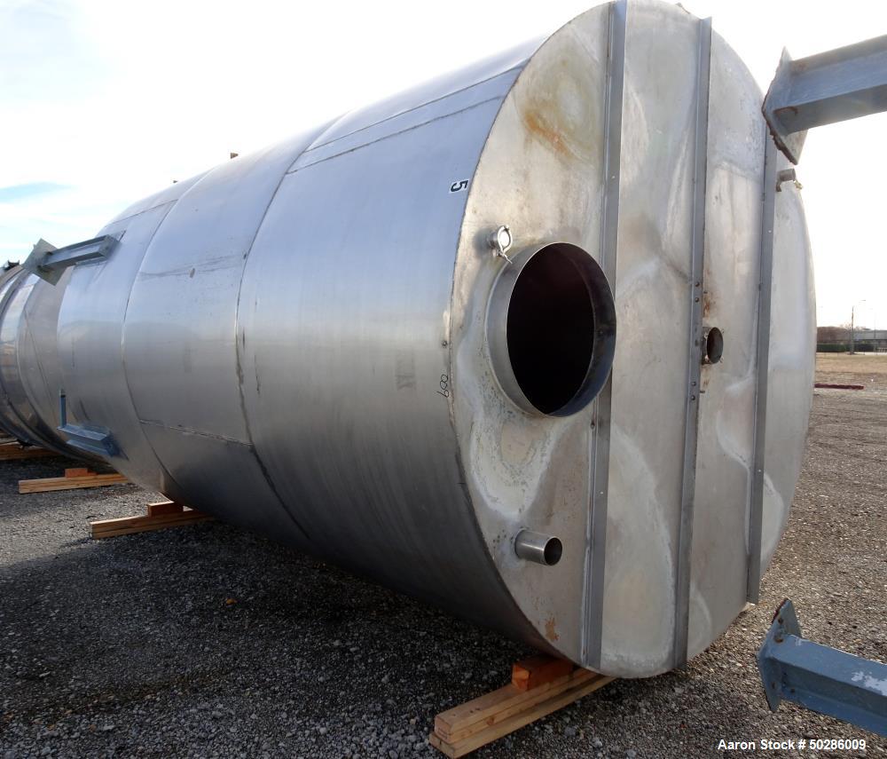 Used Tank, 8,000 Gallon, 304 Stainless Steel, Vertical. Approximate 112" diameter x 180" straight side, flat top, coned bottom. (1) Spray nozzle. Openings top (3) 2", 4", 24" man way with cover. Appr...