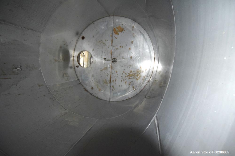 Used Tank, 8,000 Gallon, 304 Stainless Steel, Vertical. Approximate 112" diameter x 180" straight side, flat top, coned bottom. (1) Spray nozzle. Openings top (3) 2", 4", 24" man way with cover. Appr...