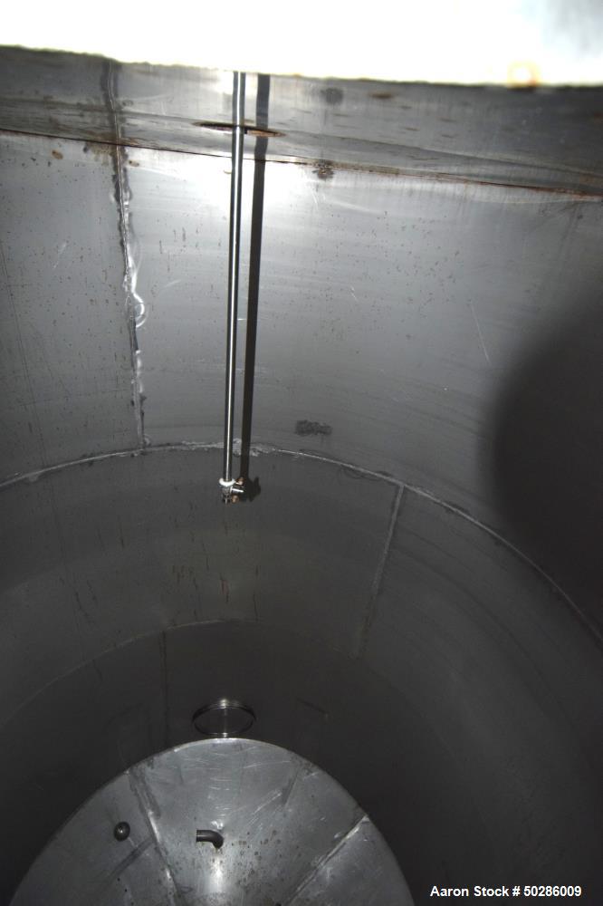 Used- Tank, 8,000 Gallon, 304 Stainless Steel, Vertical. Approximate 112" diameter x 180" straight side, flat top, coned bot...