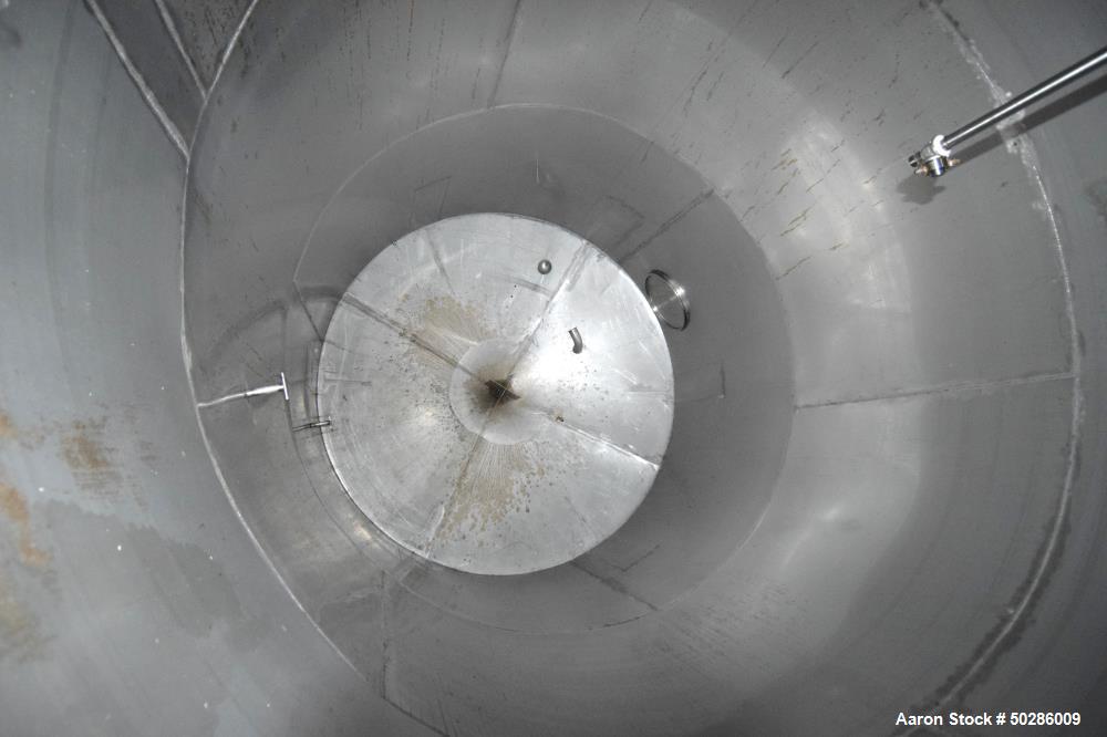Used Tank, 8,000 Gallon, 304 Stainless Steel, Vertical. Approximate 112" diameter x 180" straight side, flat top, coned bottom. (1) Spray nozzle. Openings top (3) 2", 4", 24" man way with cover. Appr...