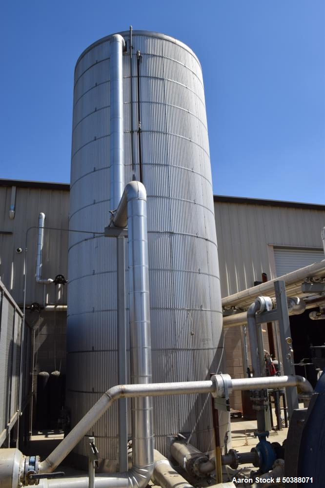 Used Tank, Approximate 10,000 Gallon, Stainless Steel, Vertical. Approximate 120" diameter x 200" straight side, Coned top, flat bottom. Side bottom man way and outlet.