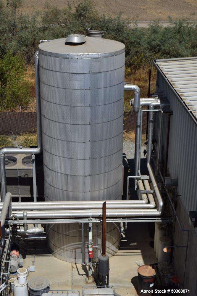 Used Tank, Approximate 10,000 Gallon, Stainless Steel, Vertical. Approximate 120" diameter x 200" straight side, Coned top, flat bottom. Side bottom man way and outlet.
