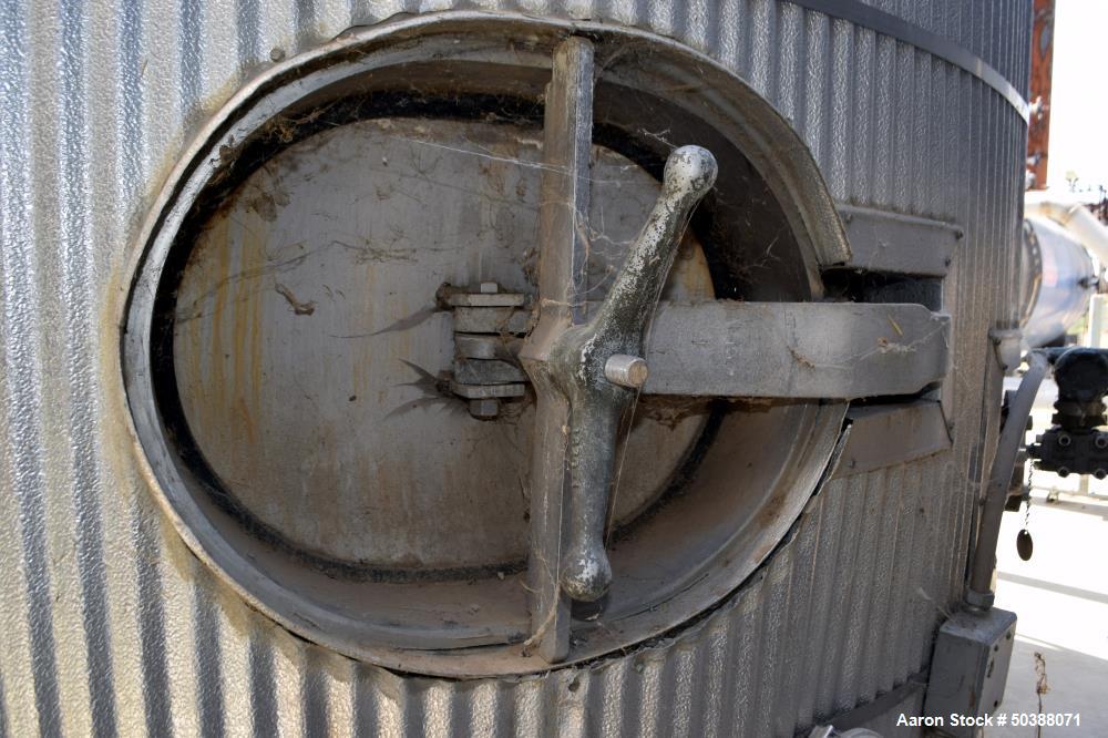Used Tank, Approximate 10,000 Gallon, Stainless Steel, Vertical. Approximate 120" diameter x 200" straight side, Coned top, flat bottom. Side bottom man way and outlet.