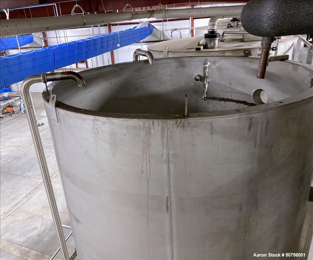 Used Vertical Tank, Approximately 5,000 Gallon, 304 Stainless Steel, 100.5" diameter, 120.5" straight side height. 64.5" conical bottom. 217" overall height. 3" center bottom discharge. The side has ...