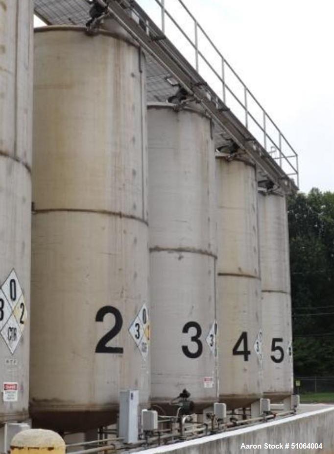 Used Tank, 6,000 Gallon. 8' diameter x 16' straight side.   Overall height:  21' 6". Vertical. Dished top and bottom on Carbon steel legs. Clearance from bottom of valve to ground: 30".