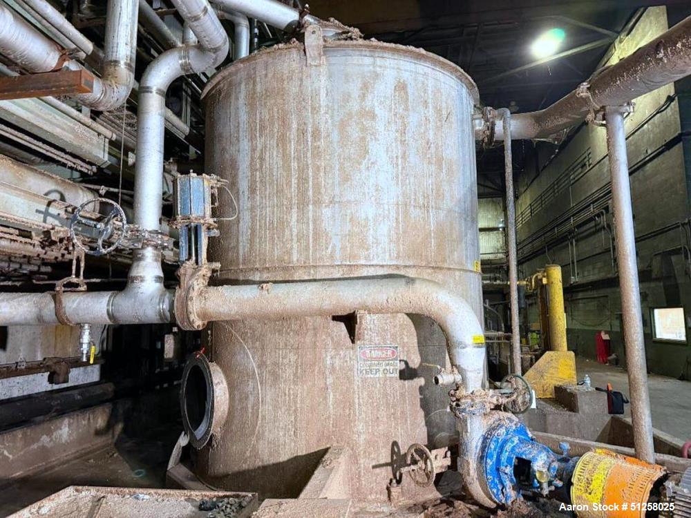 Used 7,600 Gallon Vertical Stainless Steel Tank. 316L Stainless steel. Approximately 10' diameter x 13' tall. Side manway. Side bottom outlet.