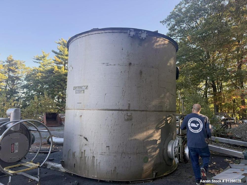Used 10,000 Gallon Vertical Stainless Steel Tank. 316L Stainless Steel. Approximately 12' diameter x 12' tall. Side manways. Flat top. Refurbished 1995.
