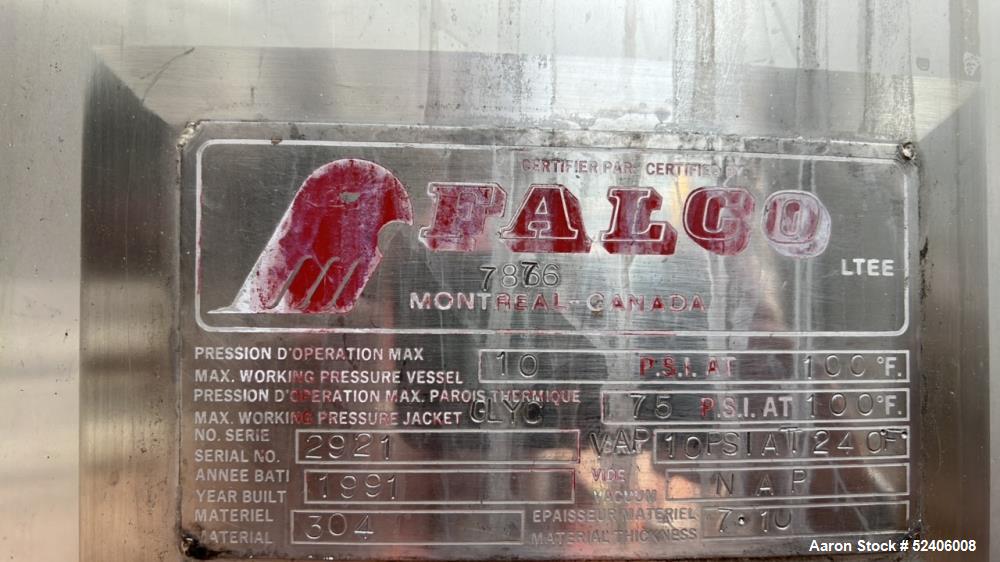 Used-Falco Stainless Steel Equipment Jacketed Pressure Tank, Approximate 5500 Ga