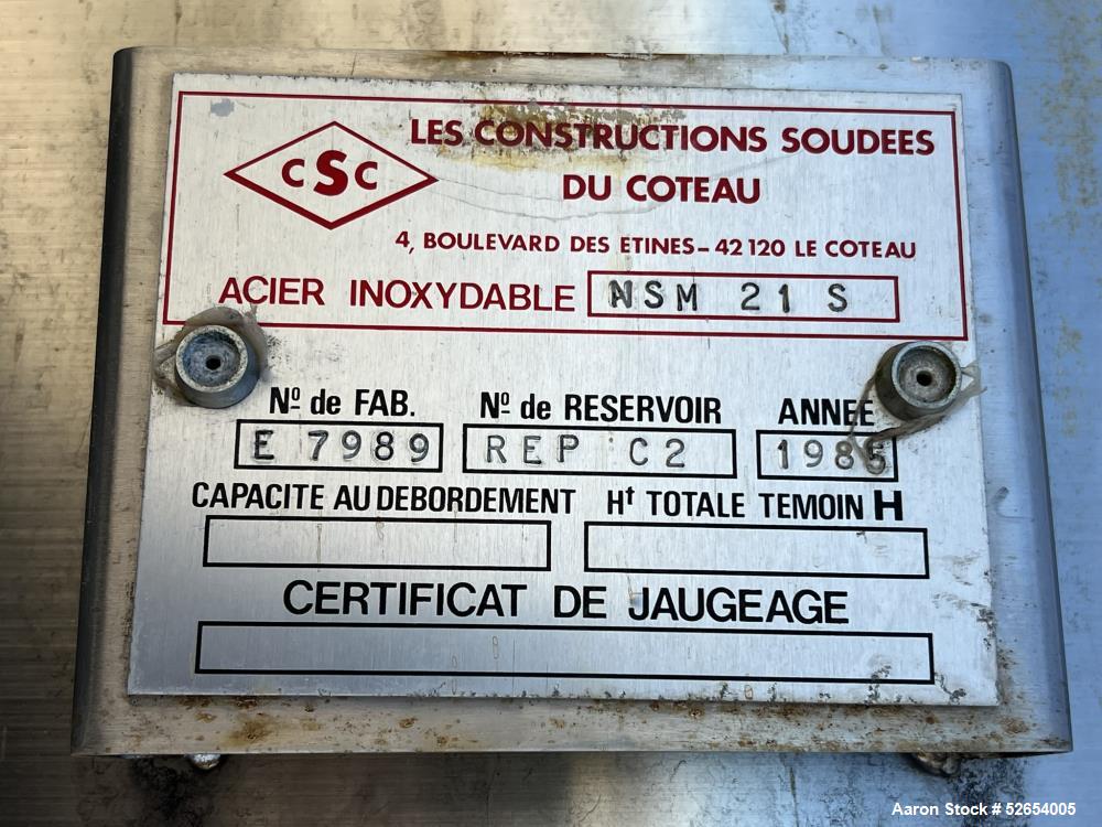 Used CSC Les Constructions Soudees Du Coteau, Holding Tank. 26,980 Gallon capacity, 316 Stainless Steel, Vertical. Cone Top, Slope Bottom. Approximate 13'2" diameter x 316" straight side. 58" long Si...