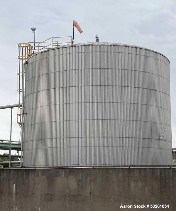 Used Approximate 216,000 gallons Stainless Steel Storage Tank With Philadelphia 40 HP Side Mount Agitator. T-1010. Flat top and Bottom. Misc. inlets Side bottom. Side Bottom Manway.