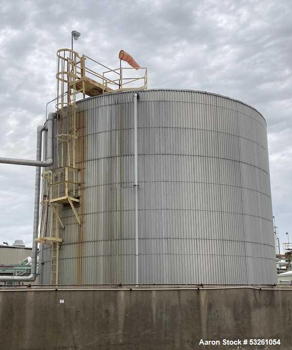 Used Approximate 216,000 gallons Stainless Steel Storage Tank With Philadelphia 40 HP Side Mount Agitator. T-1010. Flat top and Bottom. Misc. inlets Side bottom. Side Bottom Manway.