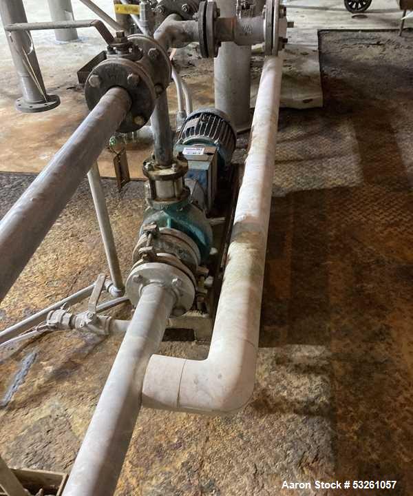 Used Approximate 9000 gallon Stainless Steel Storage Tank With 5 HP Centrifugal Pump, V-4780. approximate 120' X 15' T/T. Misc. top inlets. Cone bottom with center bottom outlet. Bottom side manway. ...