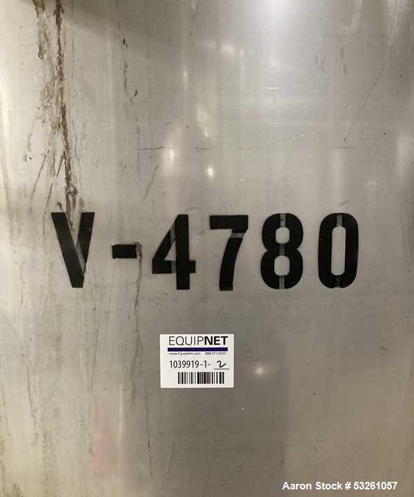 Used Approximate 9000 gallon Stainless Steel Storage Tank With 5 HP Centrifugal Pump, V-4780. approximate 120' X 15' T/T. Misc. top inlets. Cone bottom with center bottom outlet. Bottom side manway. ...