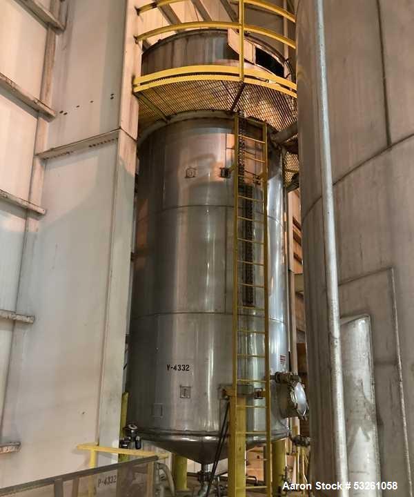 Used Approximate 6,750 gallon Stainless Steel Tank With Diaphragm Pump, V-4332. Flat top with misc. inlets & openings. Cone bottom with center bottom outlet. Side bottom manway. Has stainless steel l...