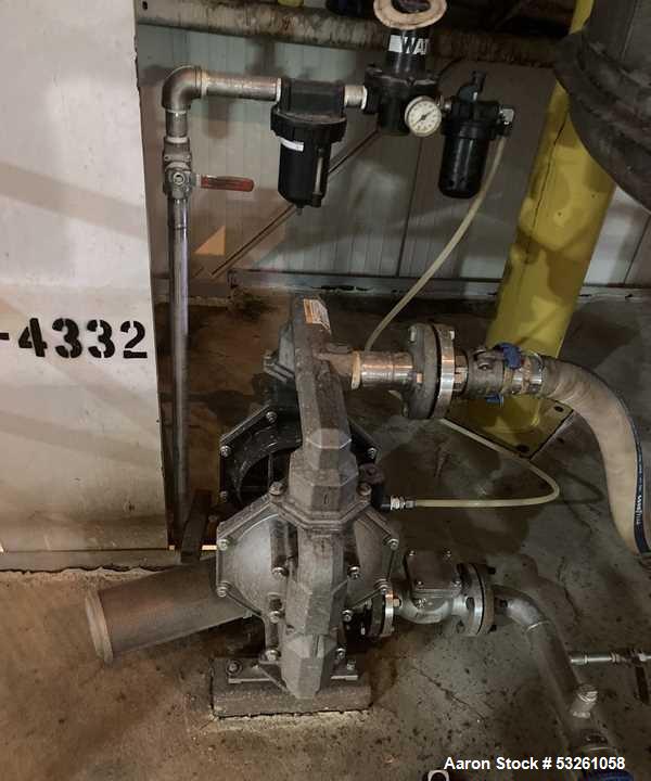 Used Approximate 6,750 gallon Stainless Steel Tank With Diaphragm Pump, V-4332. Flat top with misc. inlets & openings. Cone bottom with center bottom outlet. Side bottom manway. Has stainless steel l...