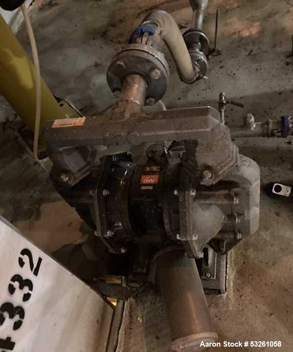 Used Approximate 6,750 gallon Stainless Steel Tank With Diaphragm Pump, V-4332. Flat top with misc. inlets & openings. Cone bottom with center bottom outlet. Side bottom manway. Has stainless steel l...
