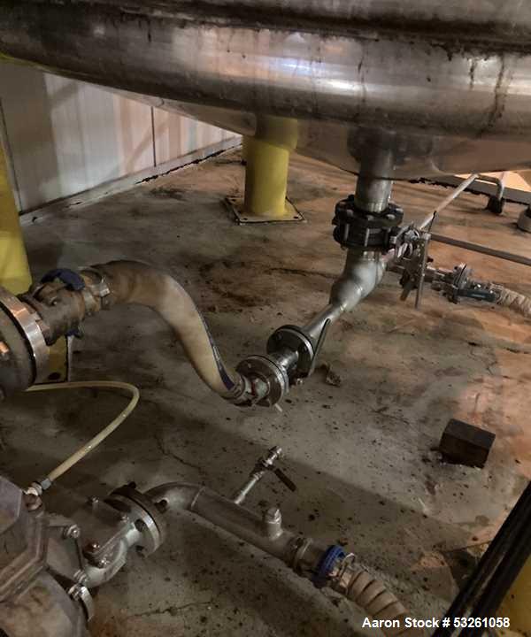 Used Approximate 6,750 gallon Stainless Steel Tank With Diaphragm Pump, V-4332. Flat top with misc. inlets & openings. Cone bottom with center bottom outlet. Side bottom manway. Has stainless steel l...