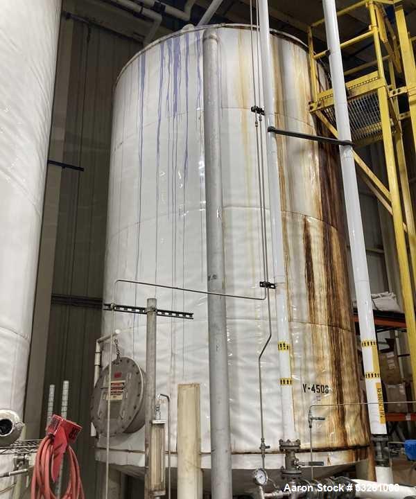 Used Approximate 8,680 gallon 316L Stainless Steel Agitated Tank With Goulds Centrifugal Pump. V-4508, P-4203.  Atmos. at 212 degrees F internal pressure. Top entering Agitator (HP unknown). Cone bot...