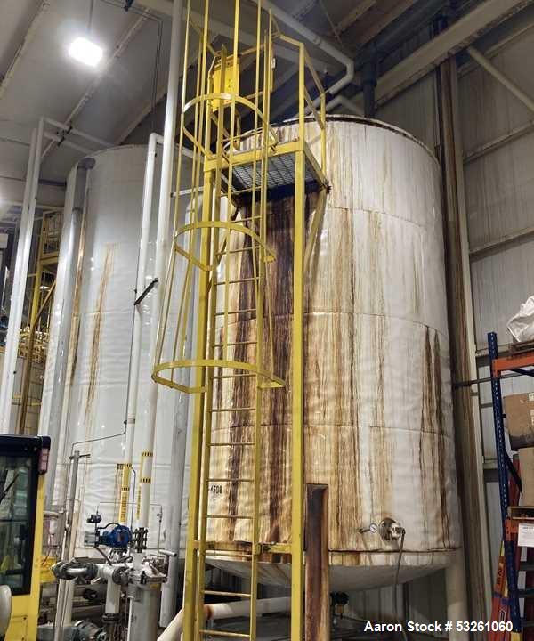 Used Approximate 8,680 gallon 316L Stainless Steel Agitated Tank With Goulds Centrifugal Pump. V-4508, P-4203.  Atmos. at 212 degrees F internal pressure. Top entering Agitator (HP unknown). Cone bot...