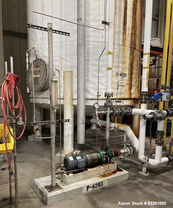 Used Approximate 8,680 gallon 316L Stainless Steel Agitated Tank With Goulds Centrifugal Pump. V-4508, P-4203.  Atmos. at 212 degrees F internal pressure. Top entering Agitator (HP unknown). Cone bot...