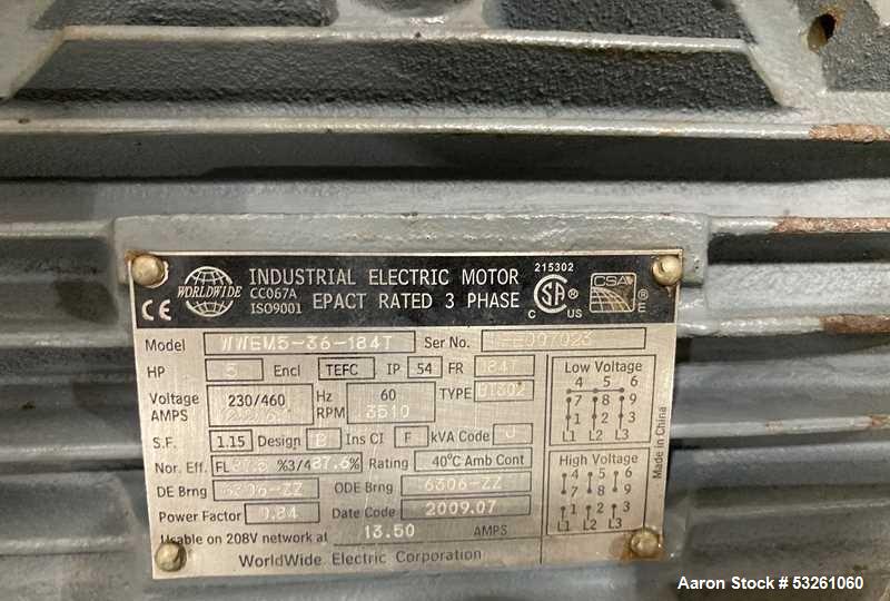 Used Approximate 8,680 gallon 316L Stainless Steel Agitated Tank With Goulds Centrifugal Pump. V-4508, P-4203.  Atmos. at 212 degrees F internal pressure. Top entering Agitator (HP unknown). Cone bot...