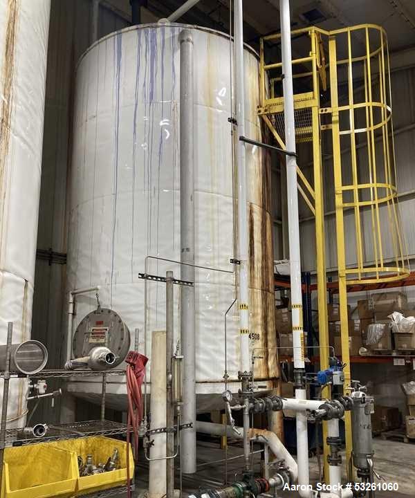 Used Approximate 8,680 gallon 316L Stainless Steel Agitated Tank With Goulds Centrifugal Pump. V-4508, P-4203.  Atmos. at 212 degrees F internal pressure. Top entering Agitator (HP unknown). Cone bot...