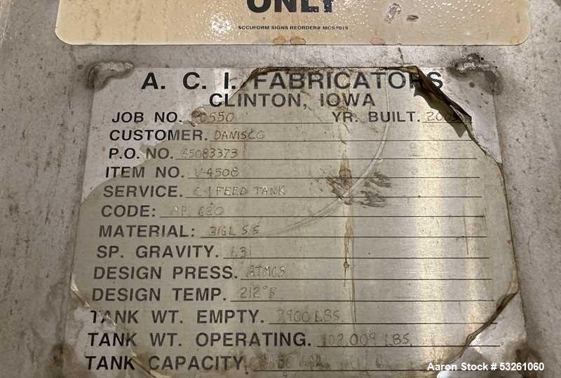 Used Approximate 8,680 gallon 316L Stainless Steel Agitated Tank With Goulds Centrifugal Pump. V-4508, P-4203.  Atmos. at 212 degrees F internal pressure. Top entering Agitator (HP unknown). Cone bot...