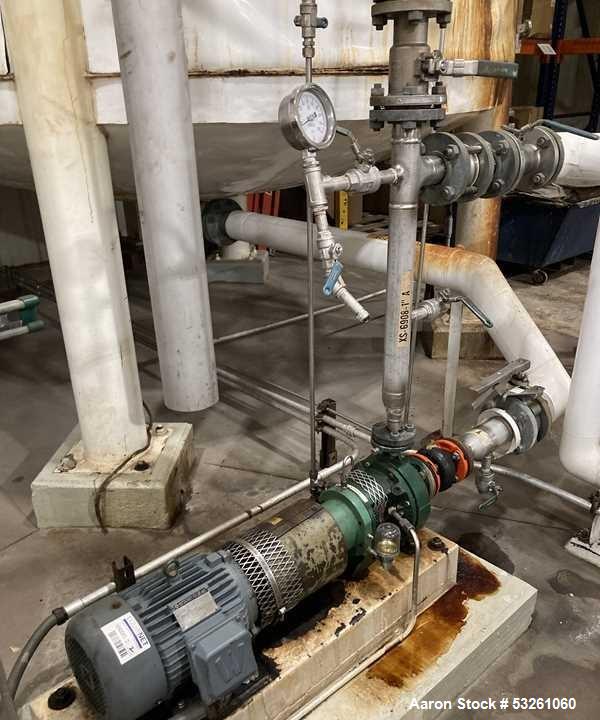 Used Approximate 8,680 gallon 316L Stainless Steel Agitated Tank With Goulds Centrifugal Pump. V-4508, P-4203.  Atmos. at 212 degrees F internal pressure. Top entering Agitator (HP unknown). Cone bot...