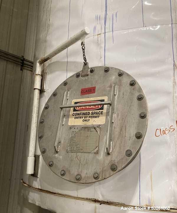 Used Approximate 8,680 gallon 316L Stainless Steel Agitated Tank With Goulds Centrifugal Pump. V-4508, P-4203.  Atmos. at 212 degrees F internal pressure. Top entering Agitator (HP unknown). Cone bot...