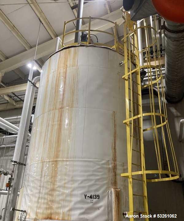 Used Approximate 8,900 gallon 316L Stainless Steel Agitated Tank With Goulds Centrifugal Pump, V-4139, P-4139.  Atmos. at 212 degrees F internal pressure. Top entering Agitator (HP unknown). Cone bot...