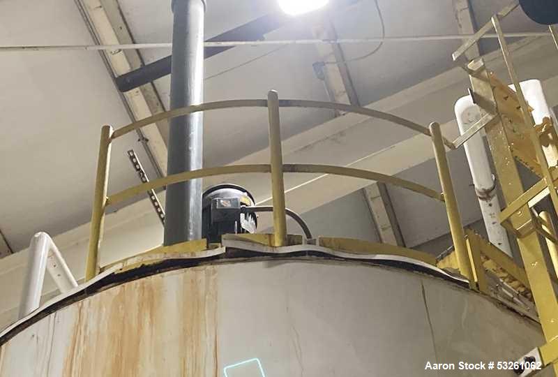 Used Approximate 8,900 gallon 316L Stainless Steel Agitated Tank With Goulds Centrifugal Pump, V-4139, P-4139.  Atmos. at 212 degrees F internal pressure. Top entering Agitator (HP unknown). Cone bot...