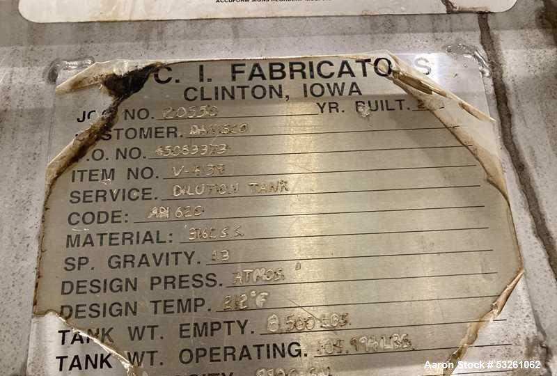 Used Approximate 8,900 gallon 316L Stainless Steel Agitated Tank With Goulds Centrifugal Pump, V-4139, P-4139.  Atmos. at 212 degrees F internal pressure. Top entering Agitator (HP unknown). Cone bot...
