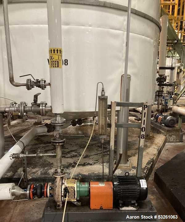 Used Approximate 8000 gallon Stainless Steel Tank With Centrifugal Pump, V-1108. Flat top with misc. top inlets. Cone bottom with center bottom outlet. Insulated shell. Worthington Centrifugal Pump, ...