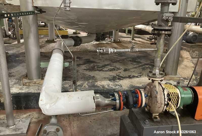 Used Approximate 8000 gallon Stainless Steel Tank With Centrifugal Pump, V-1108. Flat top with misc. top inlets. Cone bottom with center bottom outlet. Insulated shell. Worthington Centrifugal Pump, ...