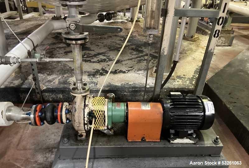 Used Approximate 8000 gallon Stainless Steel Tank With Centrifugal Pump, V-1108. Flat top with misc. top inlets. Cone bottom with center bottom outlet. Insulated shell. Worthington Centrifugal Pump, ...