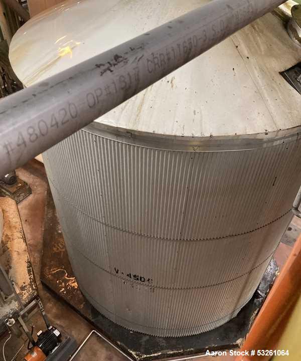 Used Approximate 8000 gallon Stainless Steel Mixing Tank With Centrifugal Pump, V-4506. Flat top with misc. top inlets. Cone bottom with center bottom outlet. Insulated shell. Top entering Chemineer ...