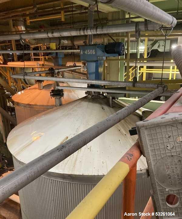 Used Approximate 8000 gallon Stainless Steel Mixing Tank With Centrifugal Pump, V-4506. Flat top with misc. top inlets. Cone bottom with center bottom outlet. Insulated shell. Top entering Chemineer ...